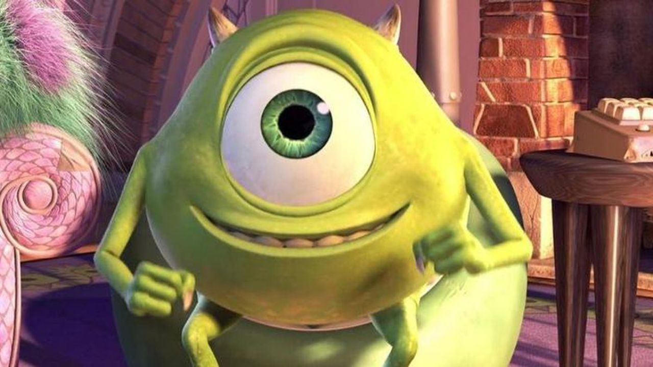 Personagem Mike Wazowski, verde, com traços arredondados e um único olho grande.