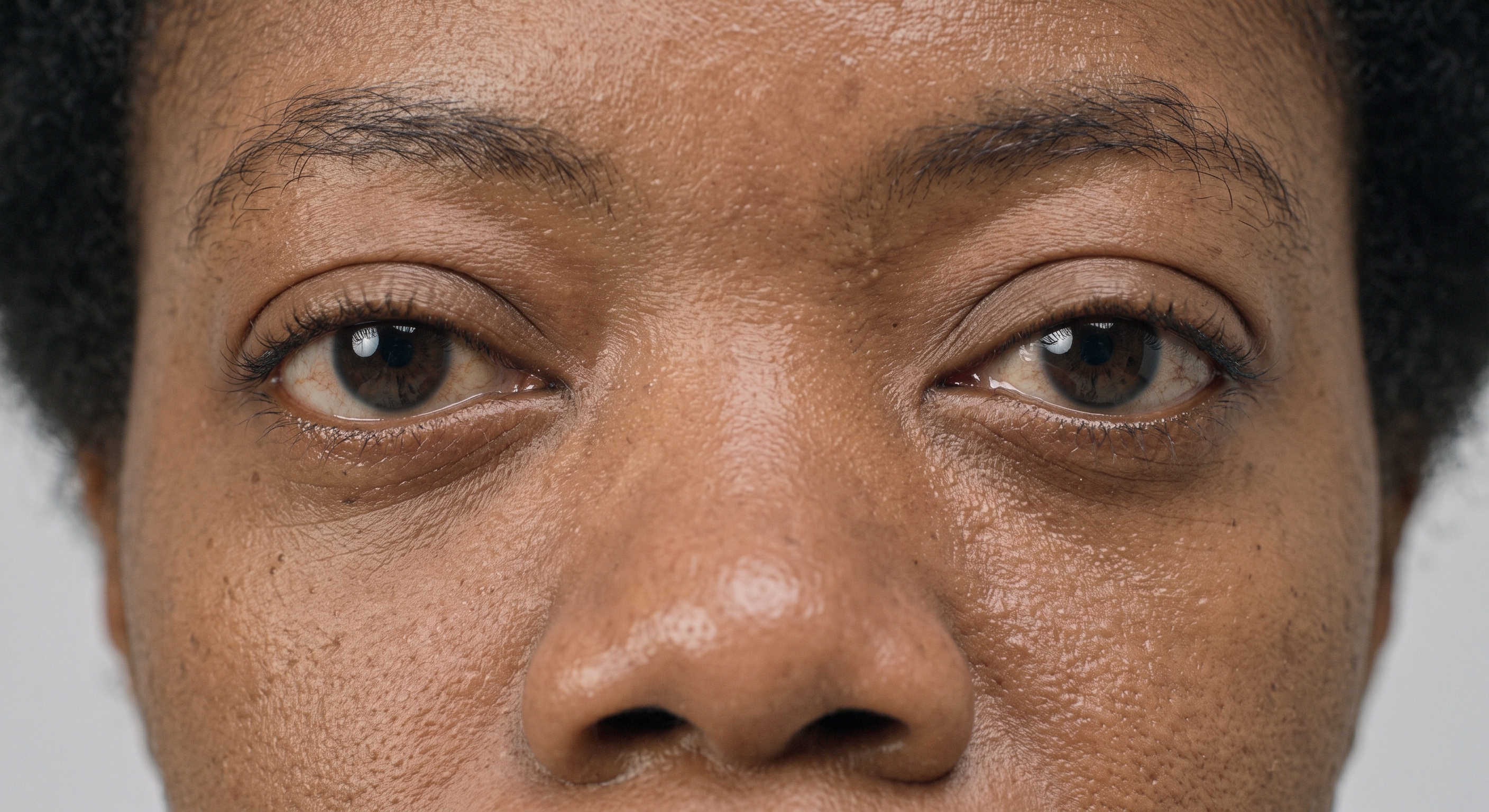 Tipos de plano: primeiríssimo plano. Rosto de uma mulher ao centro da imagem, em primeiríssimo plano, enquadrando os olhos e nariz