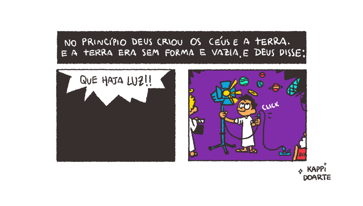 Gravar com celular: iluminação. Charge ilustrada com dois quadrinhos. No primeiro, um fundo preto com o texto "que haja luz!"; no segundo, um personagem vestindo uma túnica branca e ligando um equipamento de luz em um estúdio