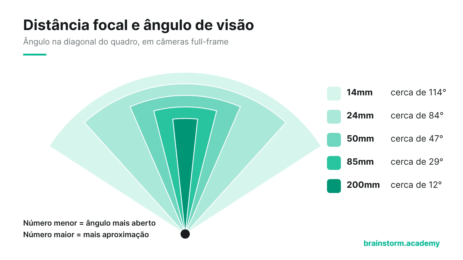 Leques sobrepostos com o ângulo de visão de lentes de 14mm, 24mm, 50mm, 85mm e 200mm em câmera full-frame, de cerca de 114° a 12°