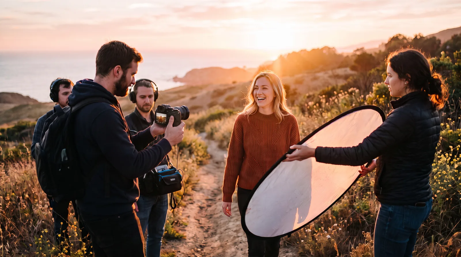 Equipe grava vídeo ao ar livre na golden hour, com sol baixo atrás da pessoa e rebatedor iluminando o rosto