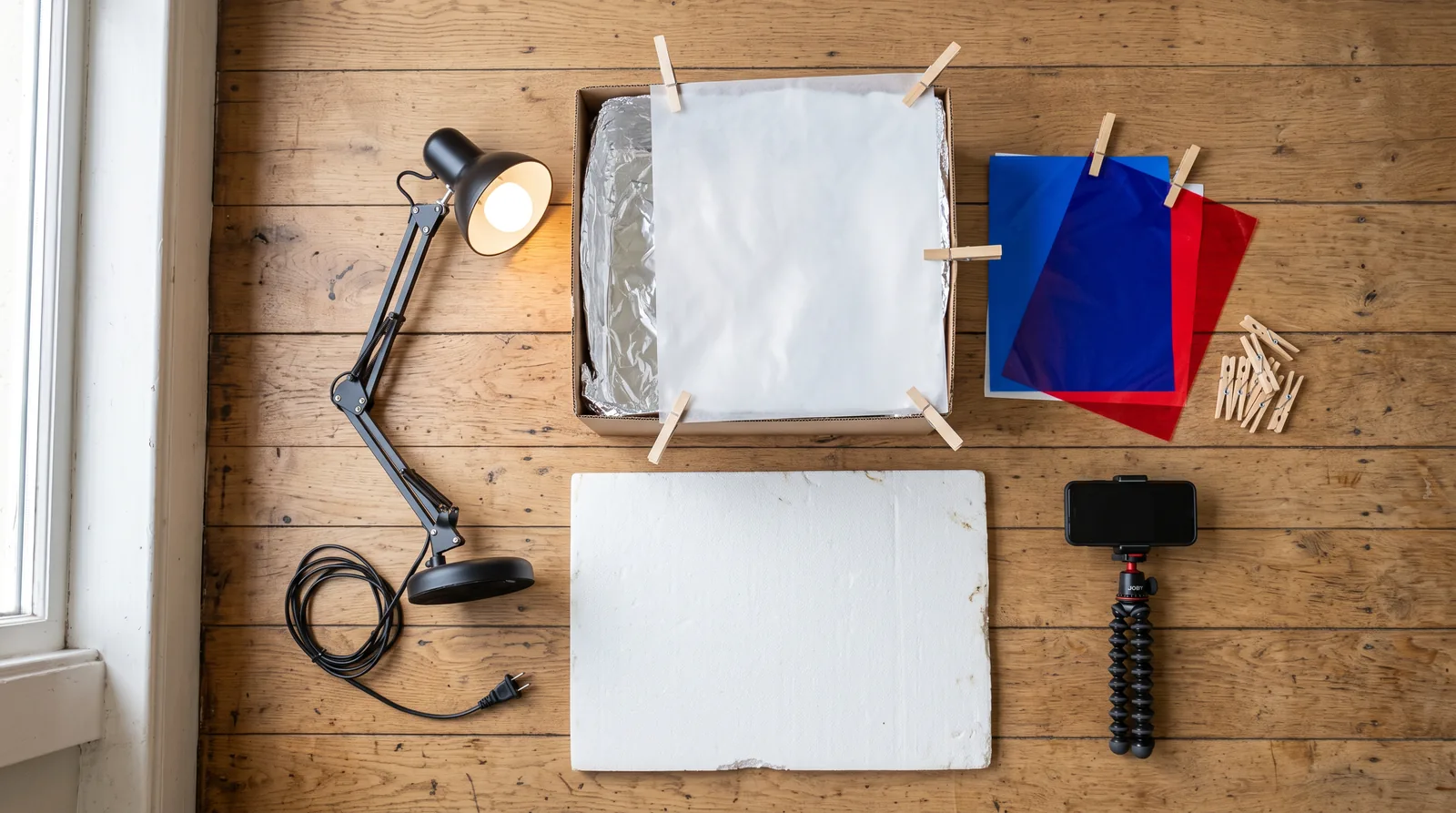Equipamentos de iluminação caseira: abajur LED, softbox de papelão, rebatedor de isopor e papel celofane