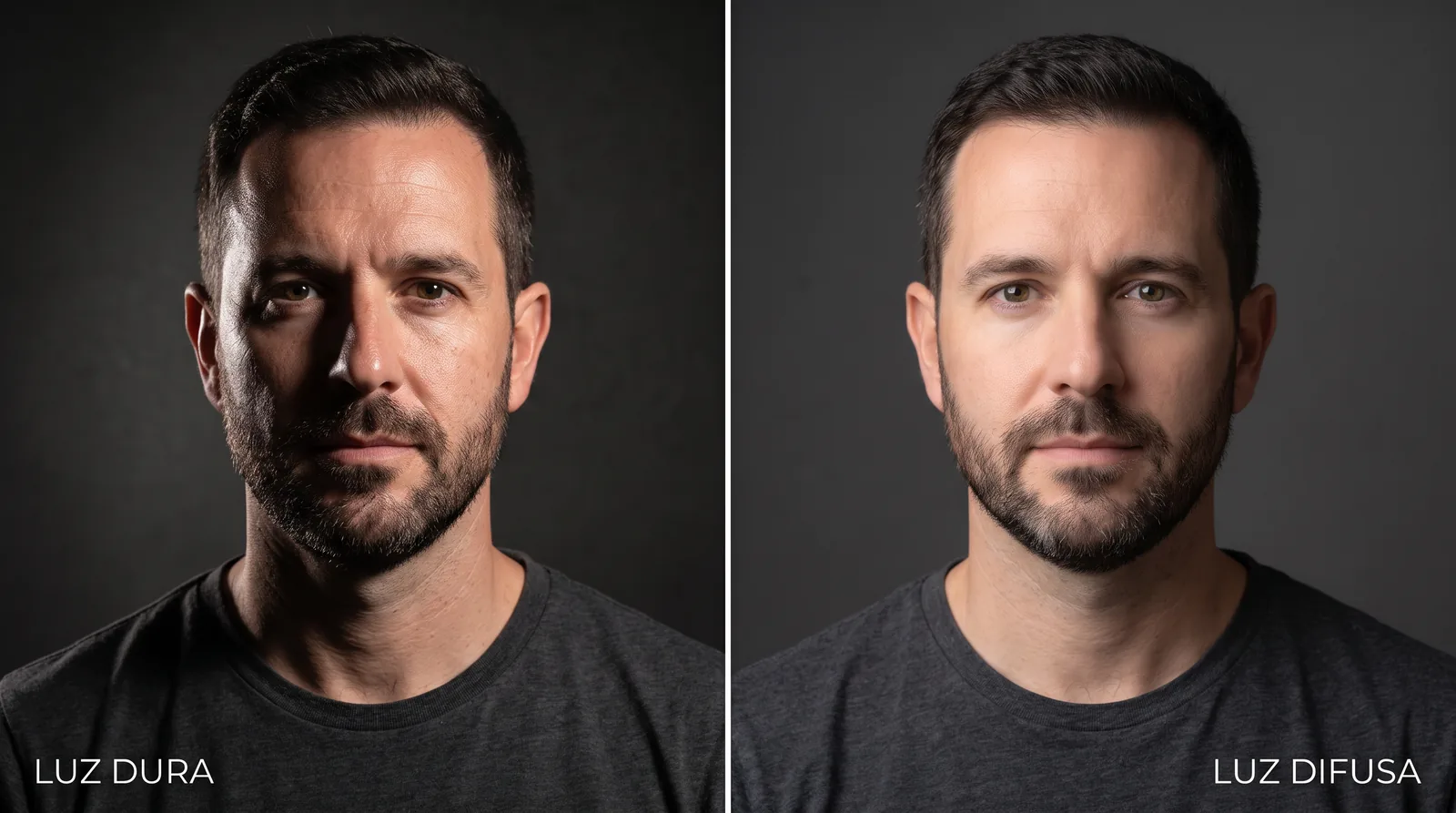 Comparação do mesmo rosto: à esquerda, luz dura com sombras marcadas; à direita, luz difusa com sombras suaves
